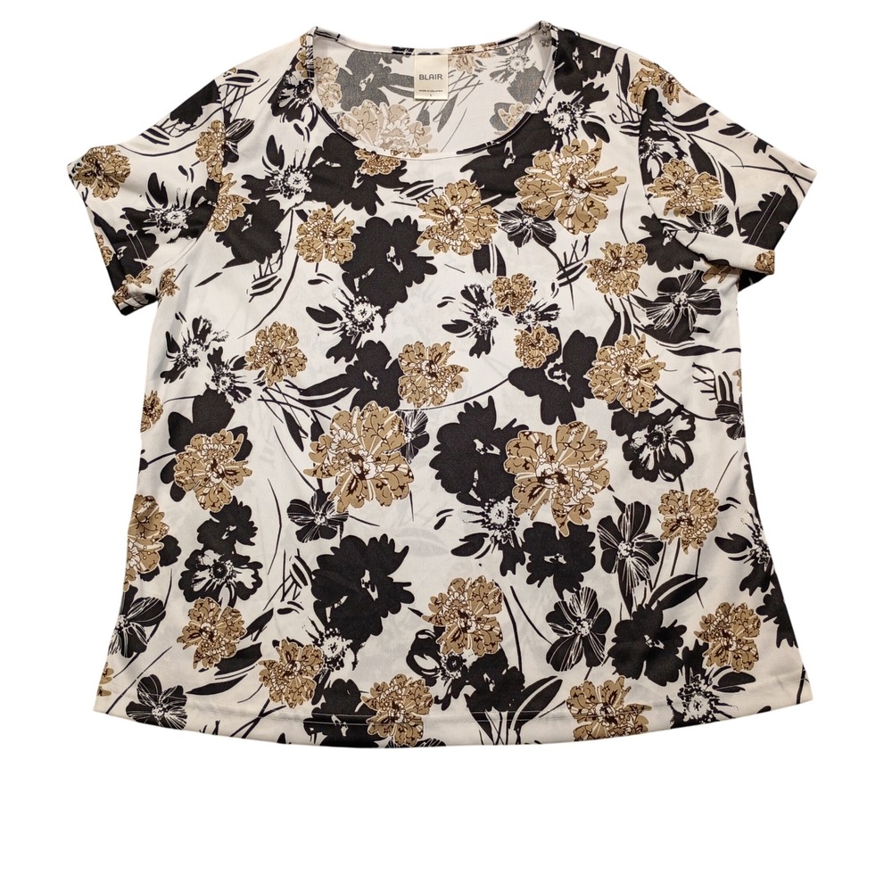 Blair Top Womens Large Short Sleeve Floral White Black Tan Casual Tee